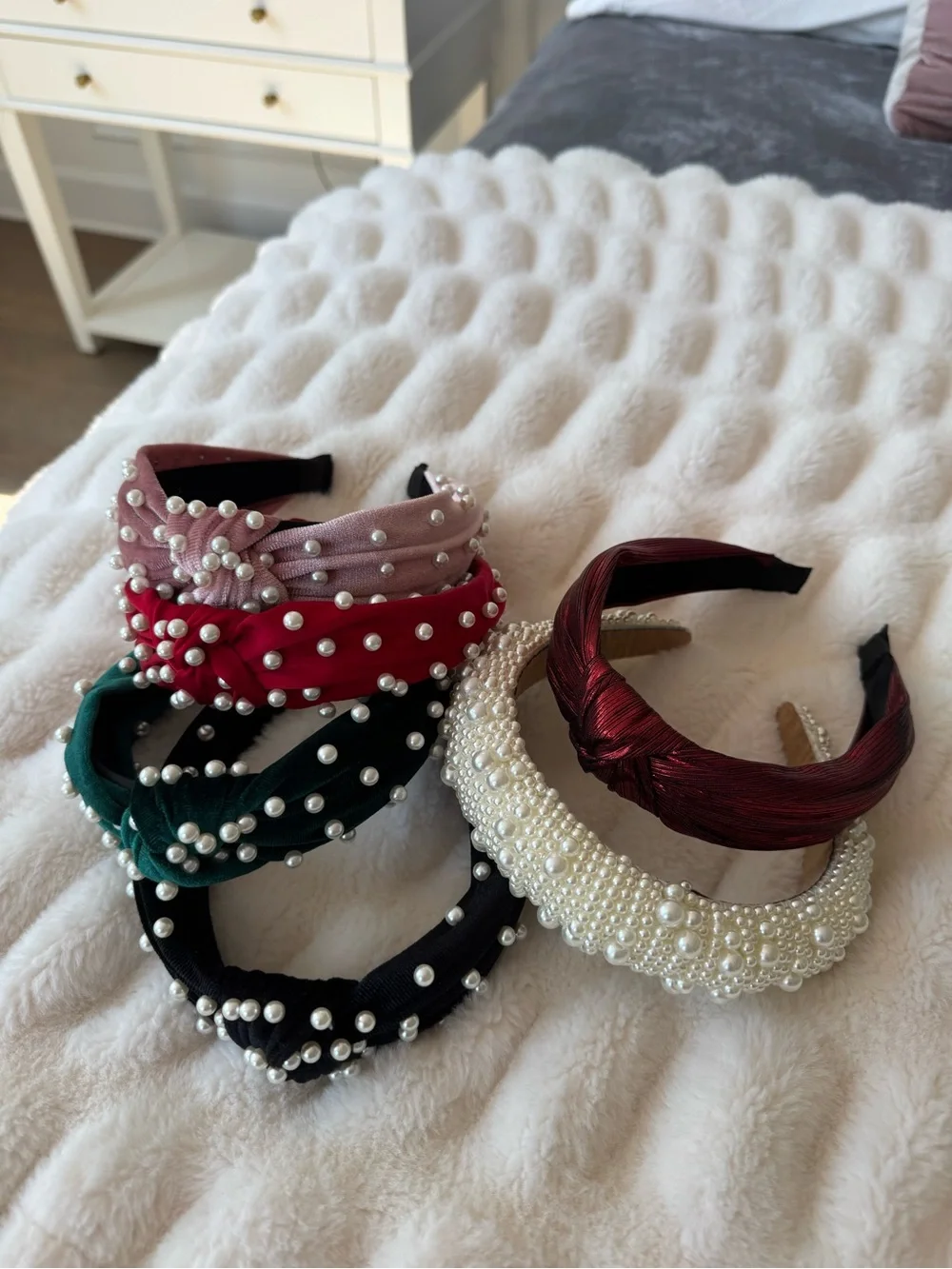 Pearl-Embellished Velvet Headbands - Multi Color